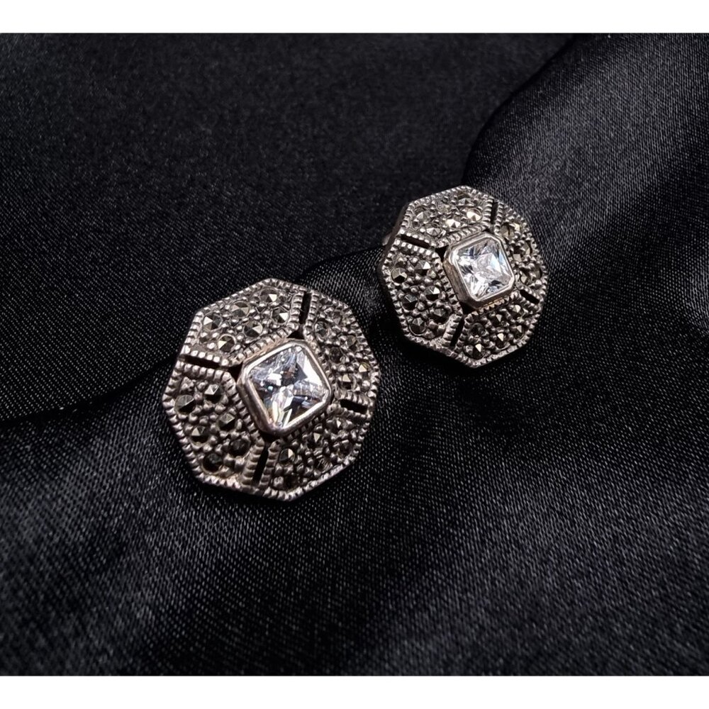 Rare Find Judith Jack Sterling Silver Marcasite & Crystal Octagonal Clip-On Earr